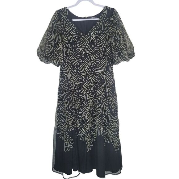 eShakti Midi Dress Size Medium Black A-Line Tulle Embroidered Puff Sleeve Boho - Picture 1 of 12